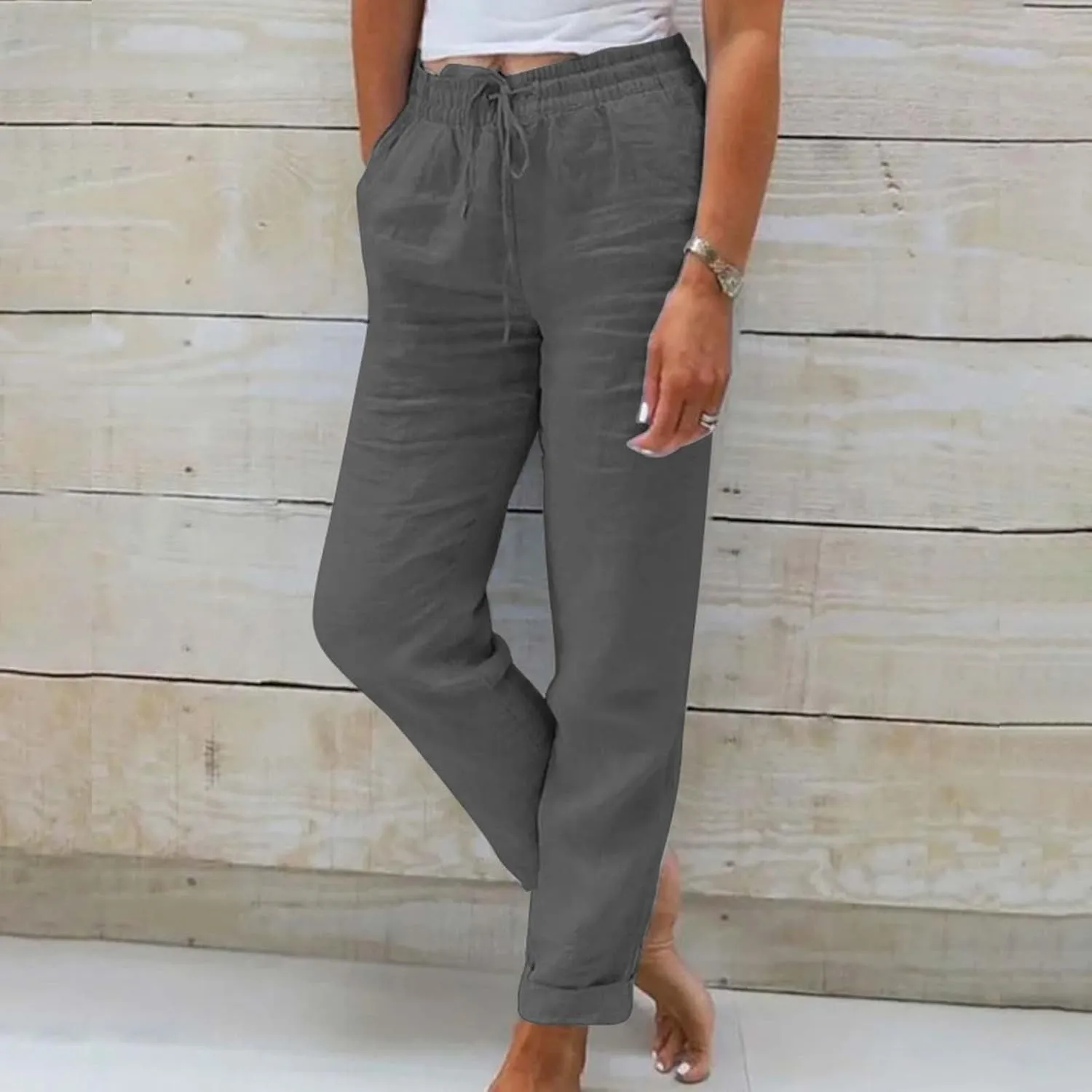 Women Wide Leg Pants Ladies Summer Elastic High Waist Solid Color Cotton Linen Wide Leg Loose Pants Summer Palazzo
