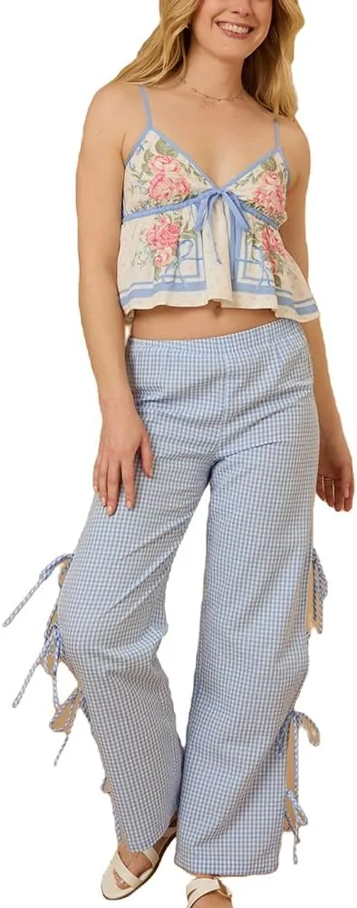 Women Y2k Boho Floral Tank V Neck Spaghetti Strap Ruffle Hem Crop Camisole Sleeveless Going Out Top