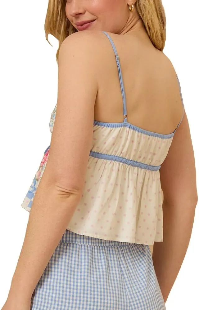 Women Y2k Boho Floral Tank V Neck Spaghetti Strap Ruffle Hem Crop Camisole Sleeveless Going Out Top