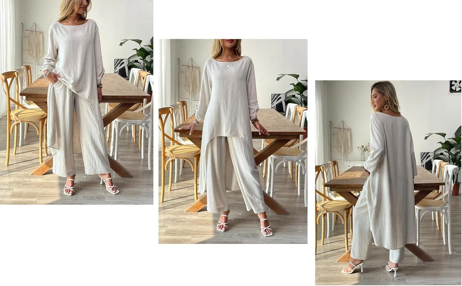 Women's 2 Piece Outfits Linen Long Sleeve Blouse Tunic Tops and Wide Leg Pants Suits Loose Dressy Casual Sets