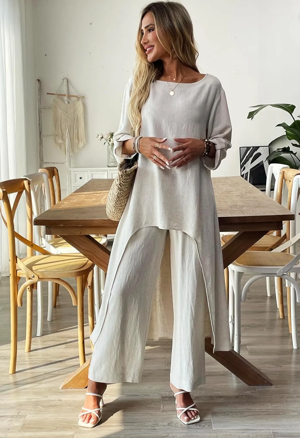 Women's 2 Piece Outfits Linen Long Sleeve Blouse Tunic Tops and Wide Leg Pants Suits Loose Dressy Casual Sets