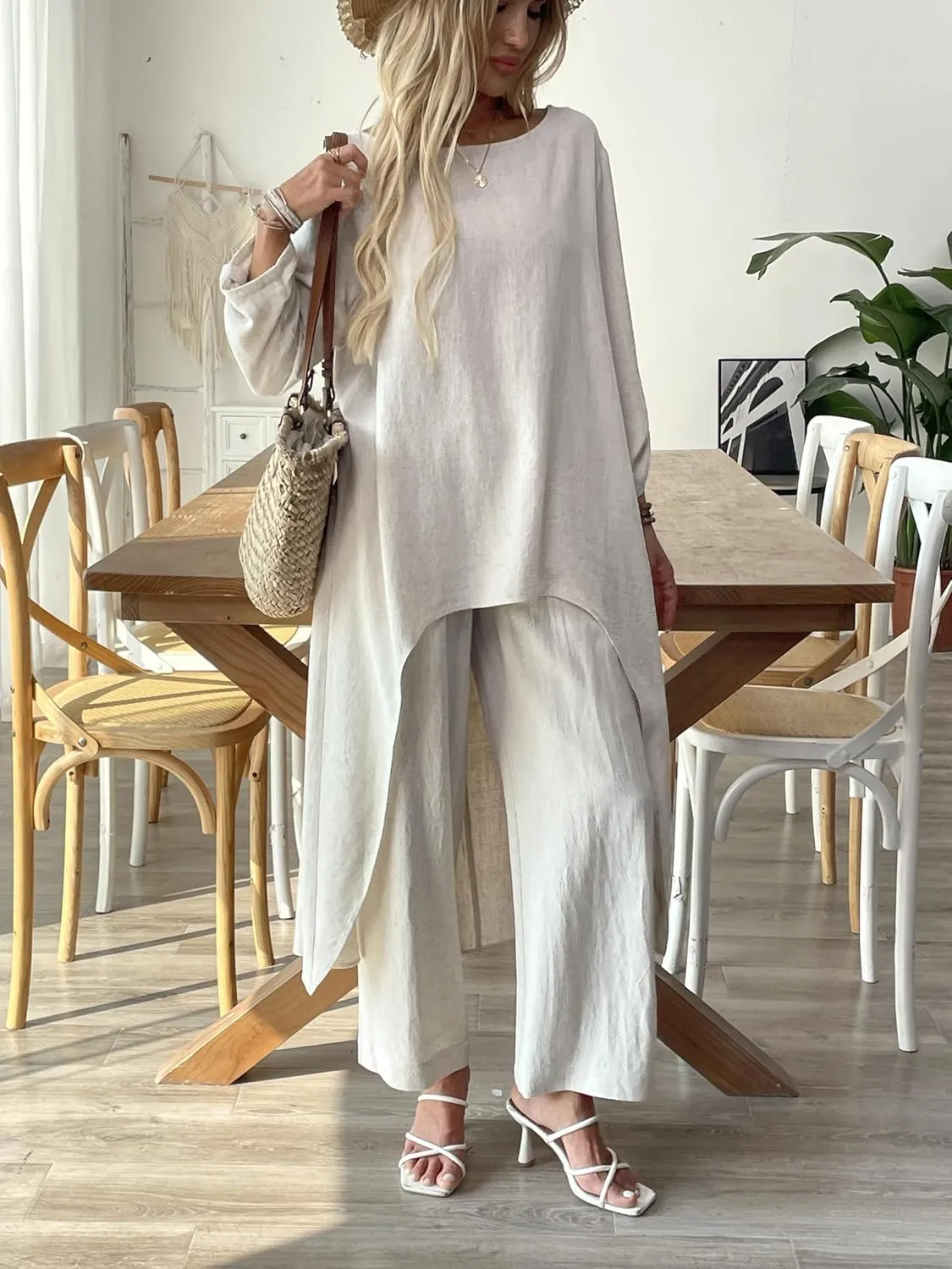 Women's 2 Piece Outfits Linen Long Sleeve Blouse Tunic Tops and Wide Leg Pants Suits Loose Dressy Casual Sets