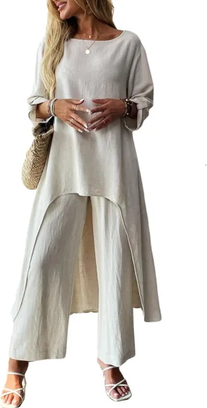 Women's 2 Piece Outfits Linen Long Sleeve Blouse Tunic Tops and Wide Leg Pants Suits Loose Dressy Casual Sets