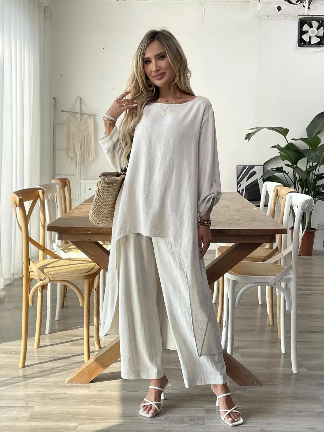 Women's 2 Piece Outfits Linen Long Sleeve Blouse Tunic Tops and Wide Leg Pants Suits Loose Dressy Casual Sets