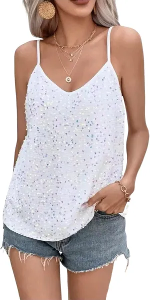 Women's Black V Neck Tank Tops Dressy Sequin Casual Pleated Halter Camisole Tops Summer Outfits Sleeveless Fashion 2025