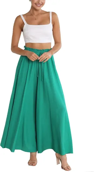 Women's Boho Casual Wide Leg Flowy Pants Elastic High Waist Loose Comfy Yoga Athletic Lounge Trousers with Pockets