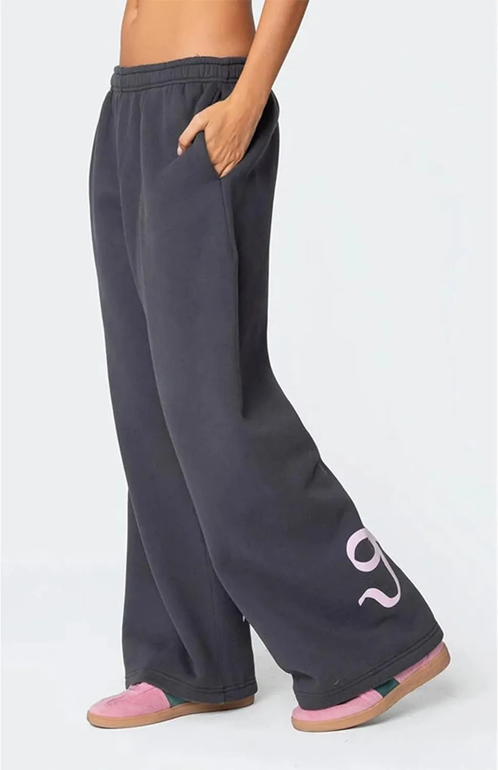 Womens Bow Sweatpants Elastic High Waist Wide Leg Bow Pants Baggy Straight Leg Graphic Lounge Pants with Pockets