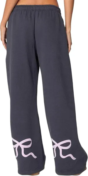 Womens Bow Sweatpants Elastic High Waist Wide Leg Bow Pants Baggy Straight Leg Graphic Lounge Pants with Pockets