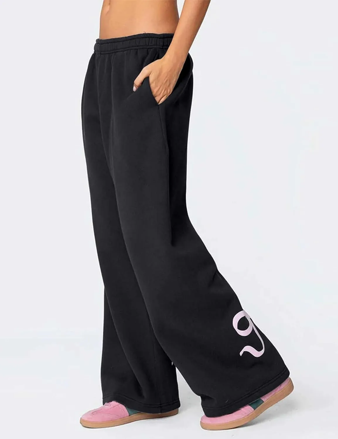 Womens Bow Sweatpants Elastic High Waist Wide Leg Bow Pants Baggy Straight Leg Graphic Lounge Pants with Pockets