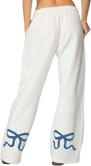 Womens Bow Sweatpants Elastic High Waist Wide Leg Bow Pants Baggy Straight Leg Graphic Lounge Pants with Pockets