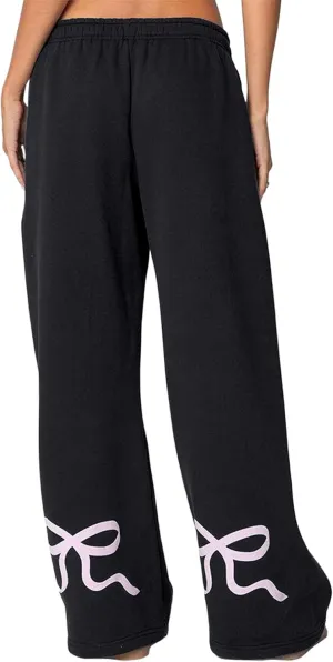 Womens Bow Sweatpants Elastic High Waist Wide Leg Bow Pants Baggy Straight Leg Graphic Lounge Pants with Pockets