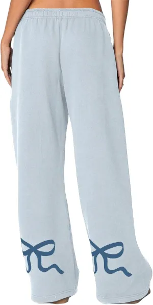Womens Bow Sweatpants Elastic High Waist Wide Leg Bow Pants Baggy Straight Leg Graphic Lounge Pants with Pockets