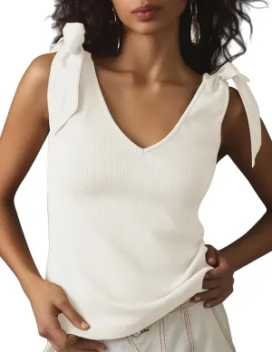 Womens Bow Tie Shoulder Strap Knit Tank Top Cute Slim Fit V Neck Tie Strap Tank Tops Sleeveless Camisoles