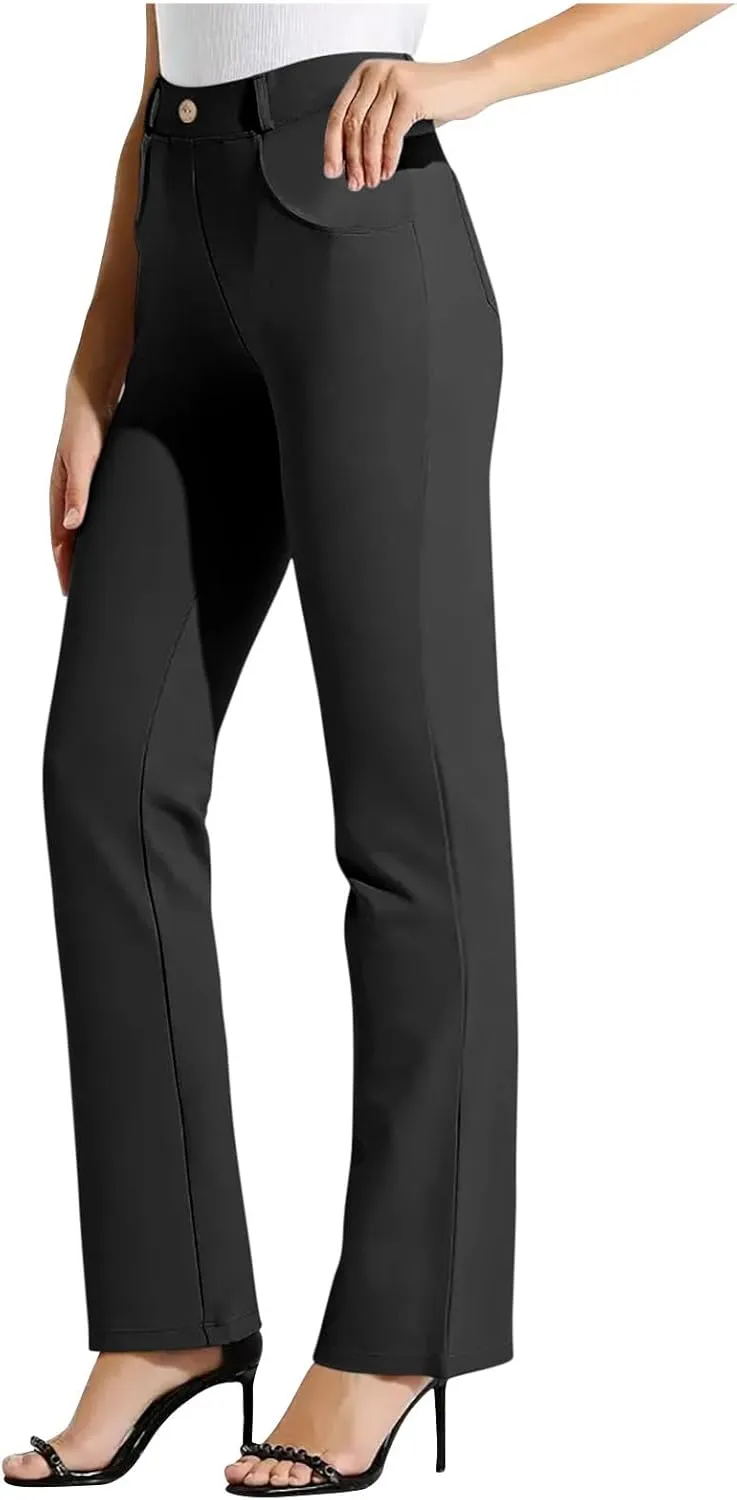 Womens Business Work Pants with Pockets Stretchy Straight Leg Dress Pants High Waist Office Slacks Trousers
