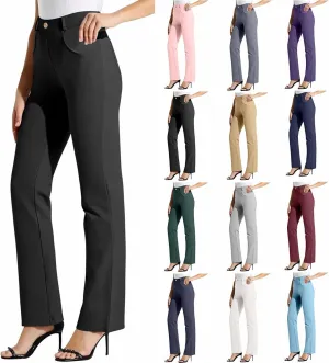 Womens Business Work Pants with Pockets Stretchy Straight Leg Dress Pants High Waist Office Slacks Trousers