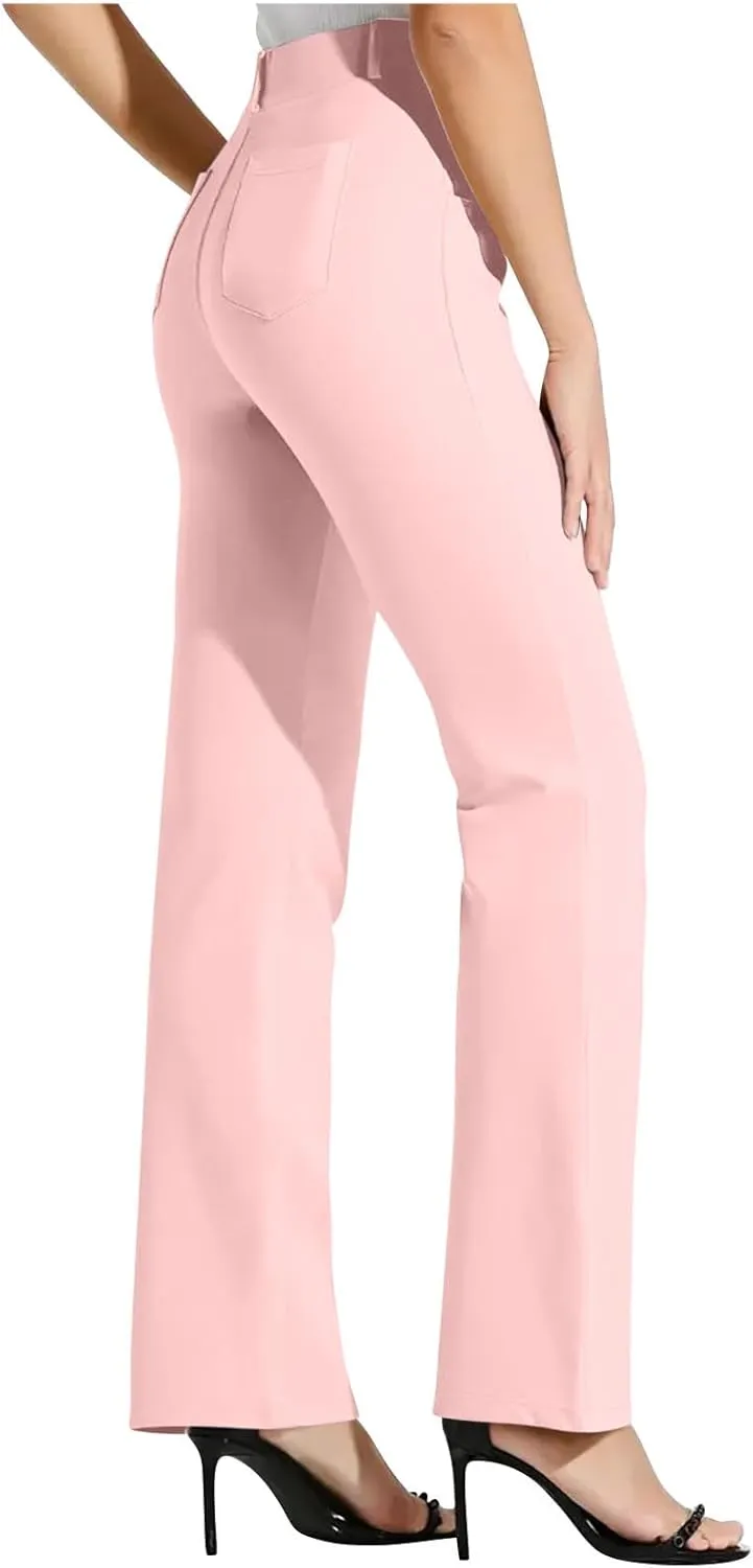 Womens Business Work Pants with Pockets Stretchy Straight Leg Dress Pants High Waist Office Slacks Trousers