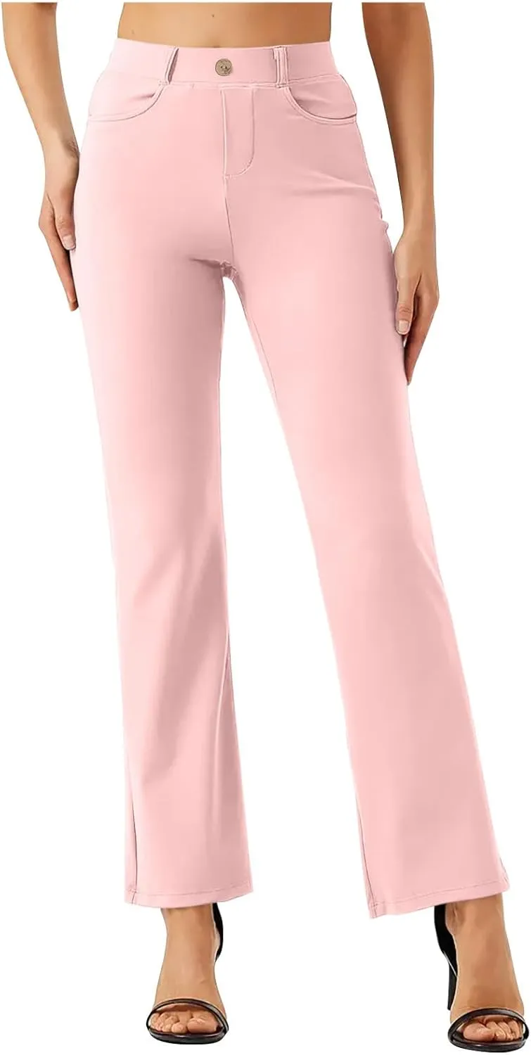 Womens Business Work Pants with Pockets Stretchy Straight Leg Dress Pants High Waist Office Slacks Trousers
