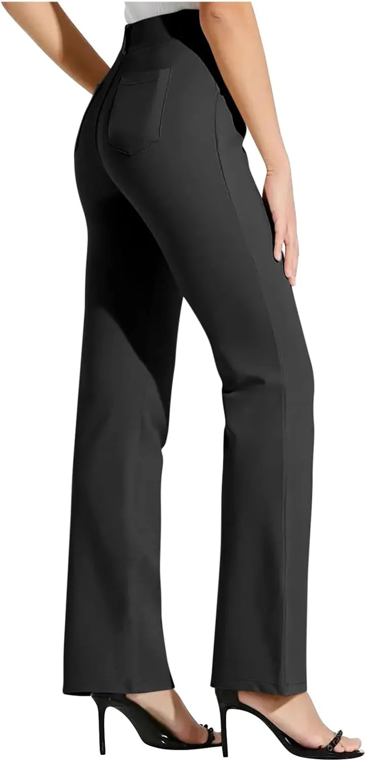 Womens Business Work Pants with Pockets Stretchy Straight Leg Dress Pants High Waist Office Slacks Trousers