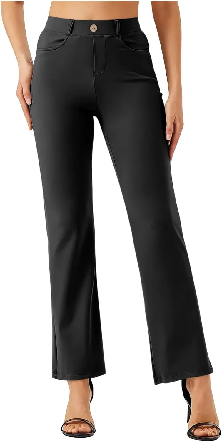 Womens Business Work Pants with Pockets Stretchy Straight Leg Dress Pants High Waist Office Slacks Trousers