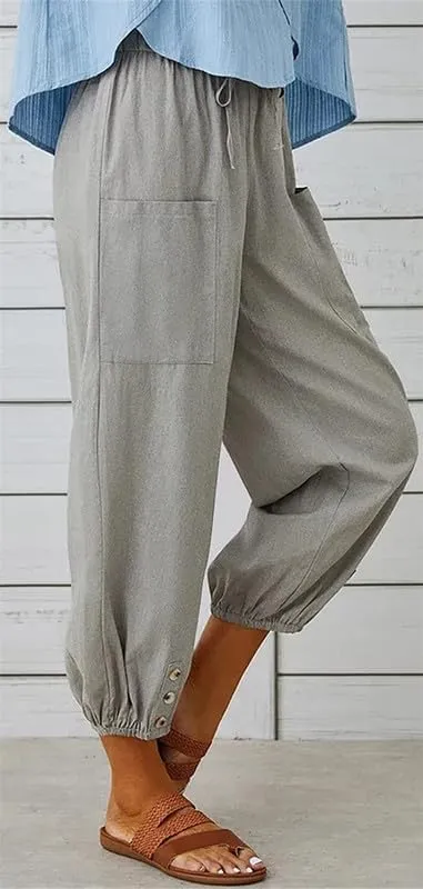 Womens Capri Pants Cotton Linen Cropped Trousers Summer Wide Leg Drawstring High Waist Palazzo Pants with Pockets