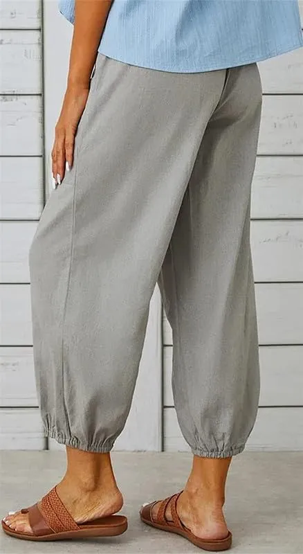 Womens Capri Pants Cotton Linen Cropped Trousers Summer Wide Leg Drawstring High Waist Palazzo Pants with Pockets