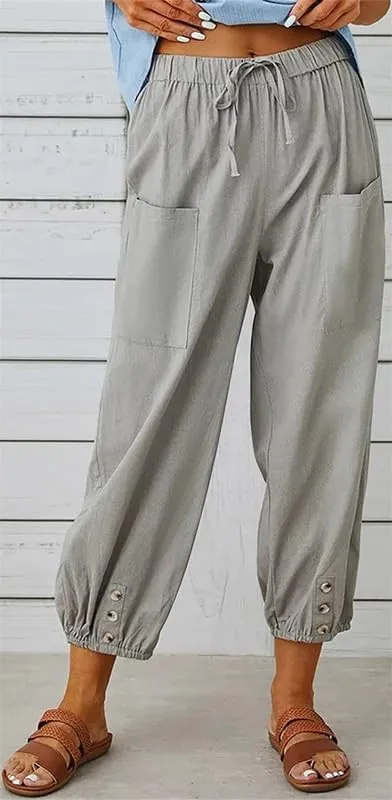 Womens Capri Pants Cotton Linen Cropped Trousers Summer Wide Leg Drawstring High Waist Palazzo Pants with Pockets