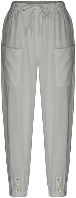Womens Capri Pants Cotton Linen Cropped Trousers Summer Wide Leg Drawstring High Waist Palazzo Pants with Pockets