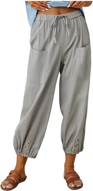 Womens Capri Pants Cotton Linen Cropped Trousers Summer Wide Leg Drawstring High Waist Palazzo Pants with Pockets