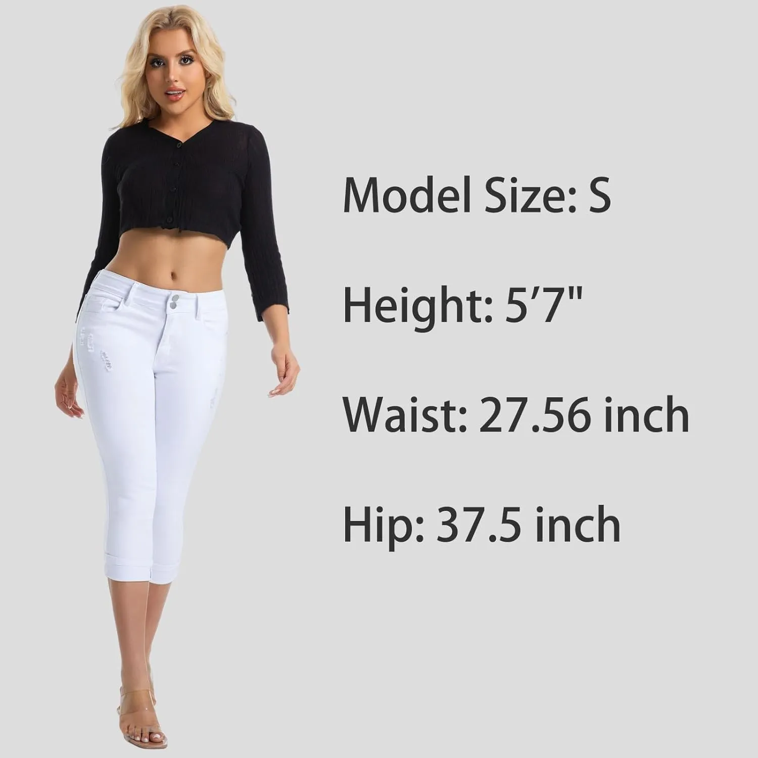 Women's Capri Pants Skinny Stretchy Ripped High Waisted Cuffed Denim Jeans
