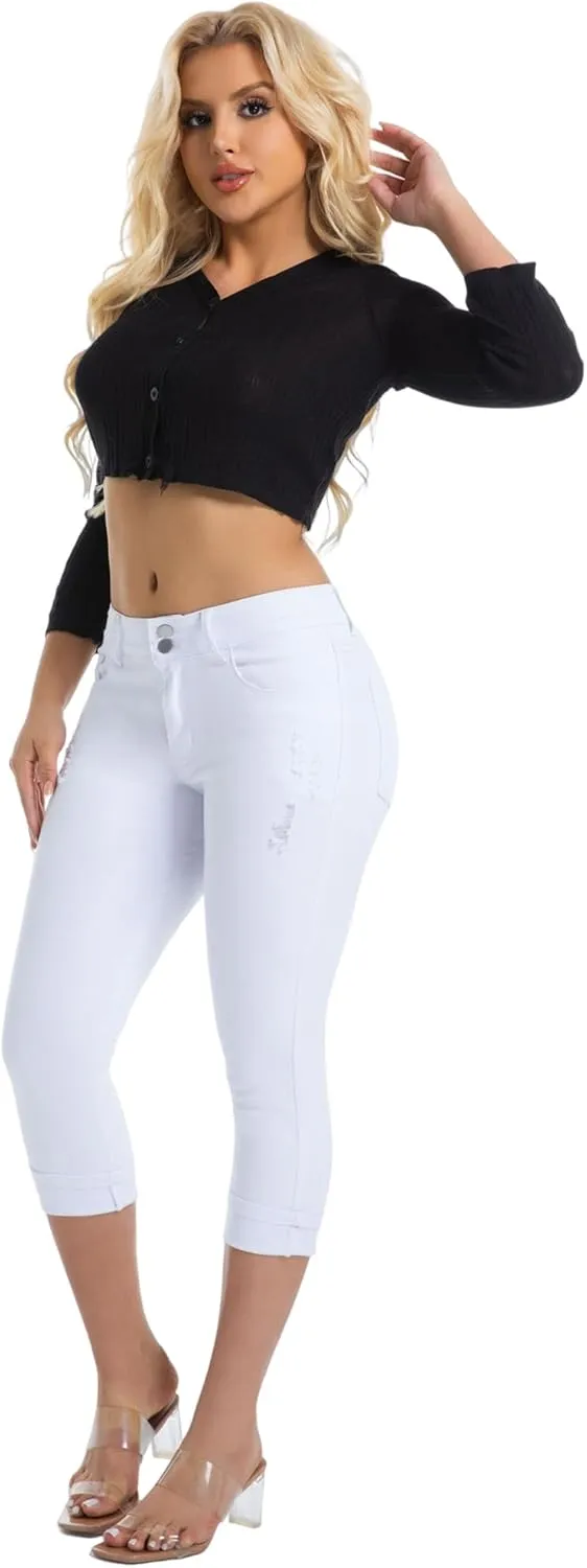 Women's Capri Pants Skinny Stretchy Ripped High Waisted Cuffed Denim Jeans