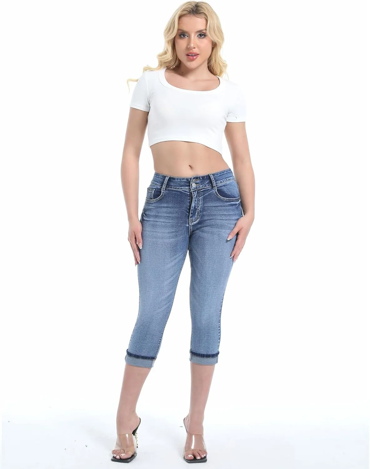 Women's Capri Pants Skinny Stretchy Ripped High Waisted Cuffed Denim Jeans