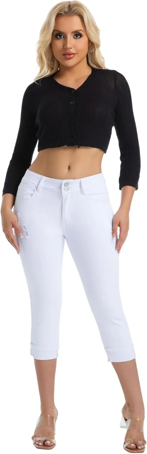 Women's Capri Pants Skinny Stretchy Ripped High Waisted Cuffed Denim Jeans