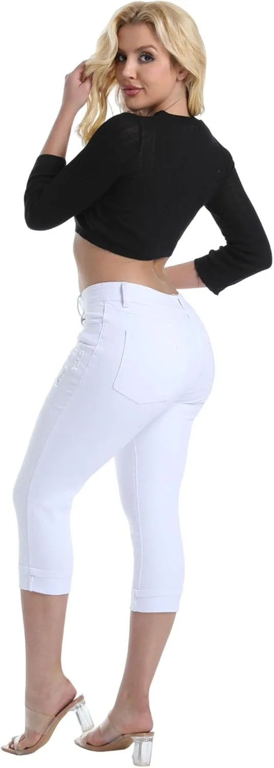 Women's Capri Pants Skinny Stretchy Ripped High Waisted Cuffed Denim Jeans