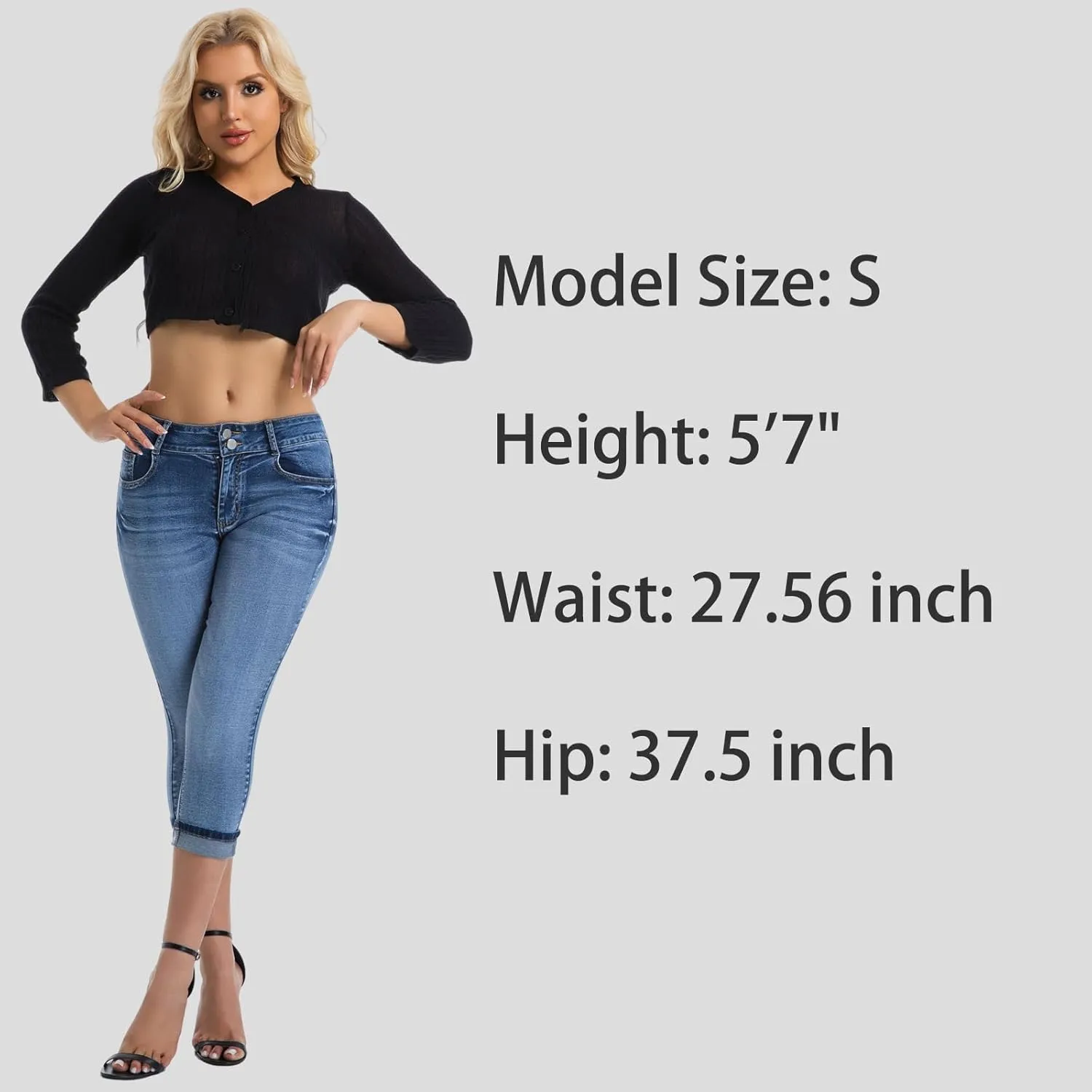 Women's Capri Pants Skinny Stretchy Ripped High Waisted Cuffed Denim Jeans