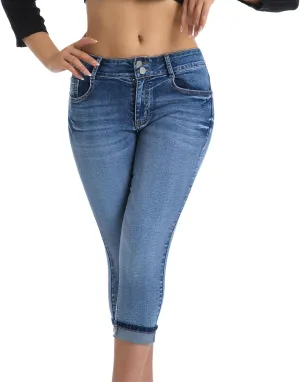 Women's Capri Pants Skinny Stretchy Ripped High Waisted Cuffed Denim Jeans