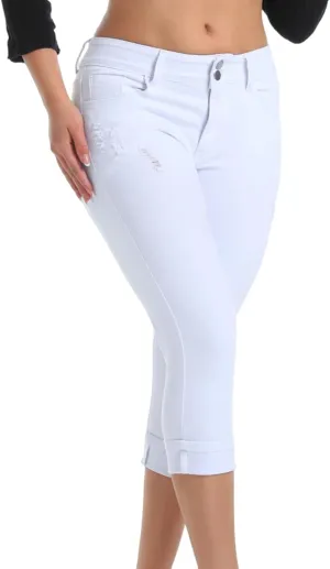 Women's Capri Pants Skinny Stretchy Ripped High Waisted Cuffed Denim Jeans