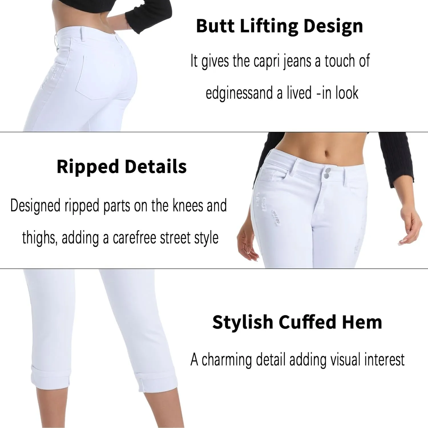 Women's Capri Pants Skinny Stretchy Ripped High Waisted Cuffed Denim Jeans