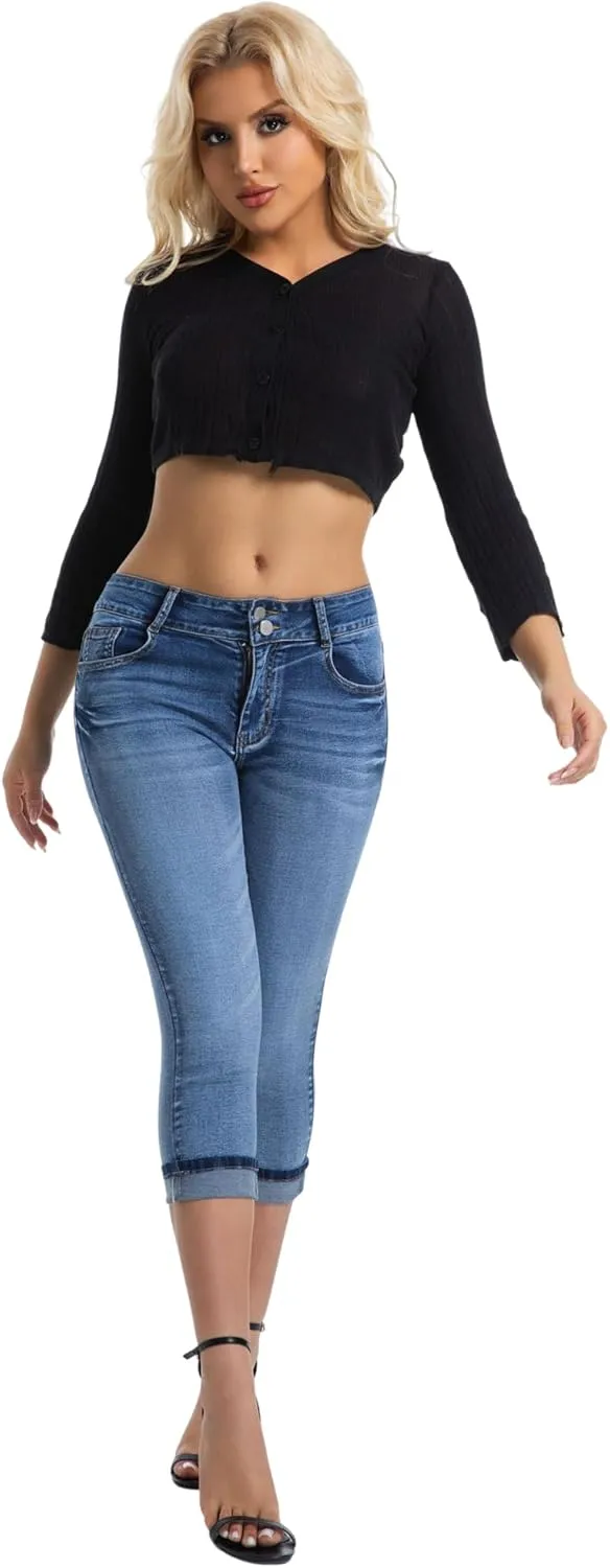 Women's Capri Pants Skinny Stretchy Ripped High Waisted Cuffed Denim Jeans
