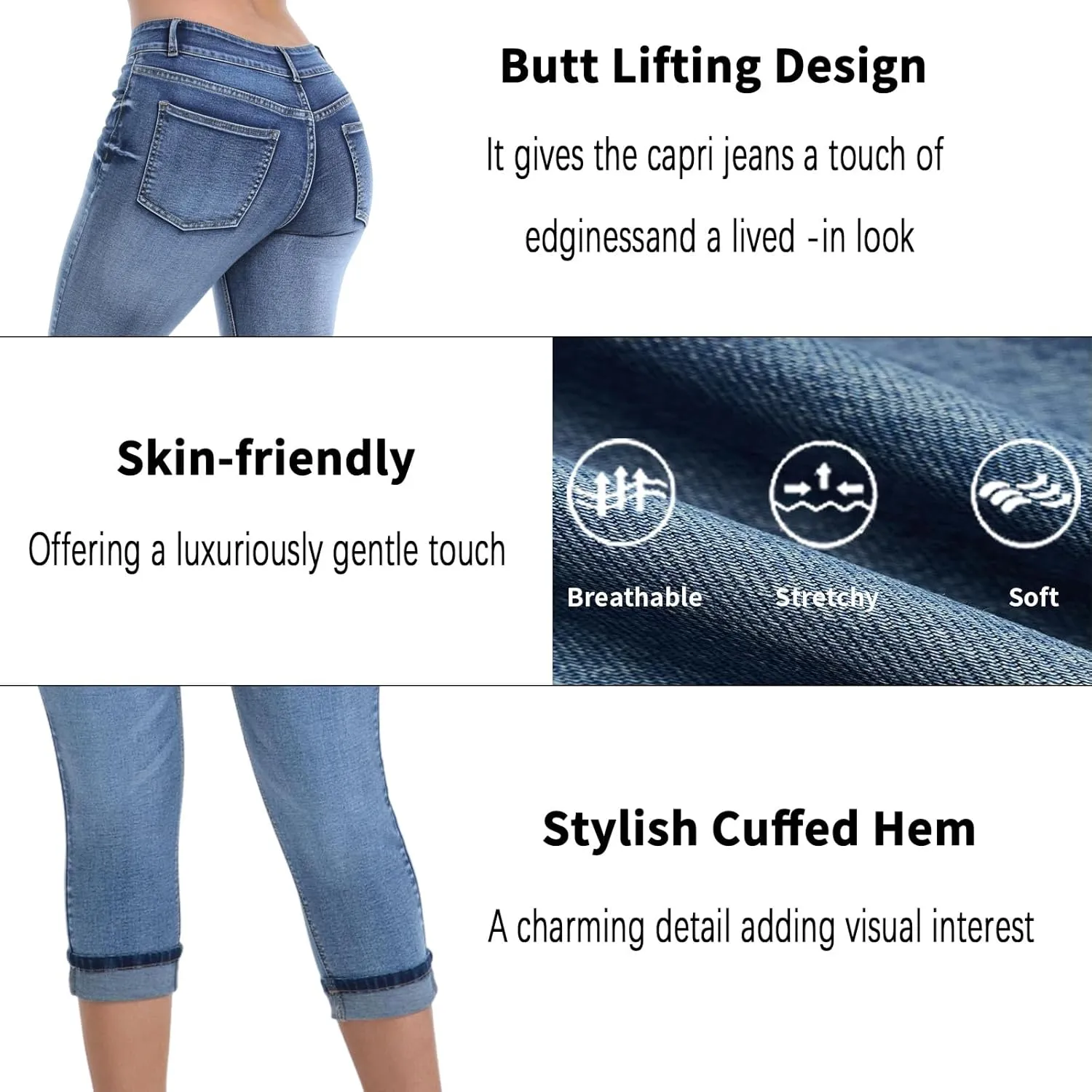 Women's Capri Pants Skinny Stretchy Ripped High Waisted Cuffed Denim Jeans