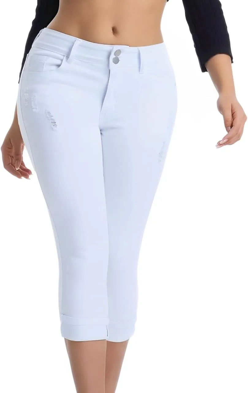 Women's Capri Pants Skinny Stretchy Ripped High Waisted Cuffed Denim Jeans