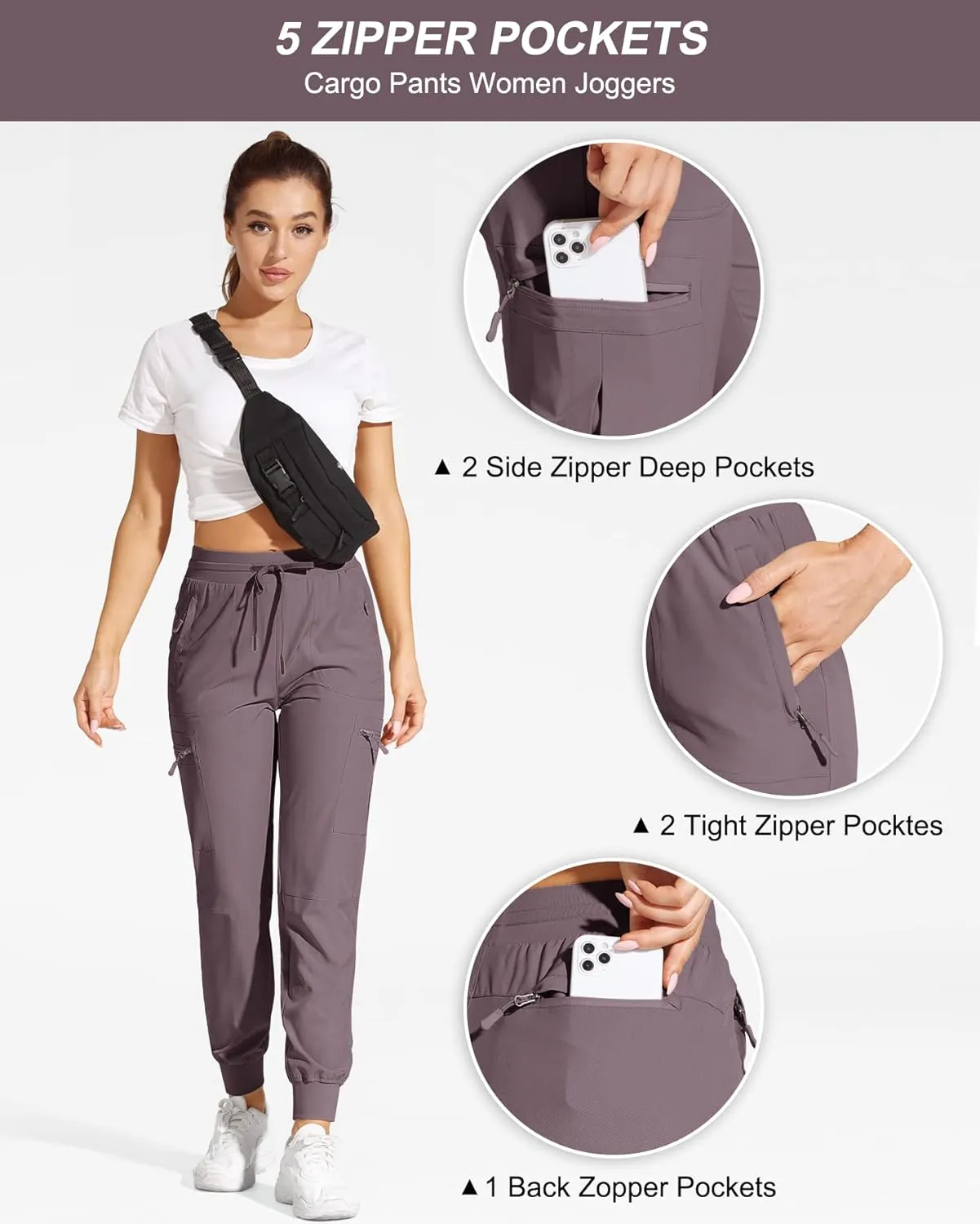 Womens Cargo Joggers Hiking Pants Lightweight Quick Dry Water Resistant Travel Casual Womens Pants with Zipper Pockets