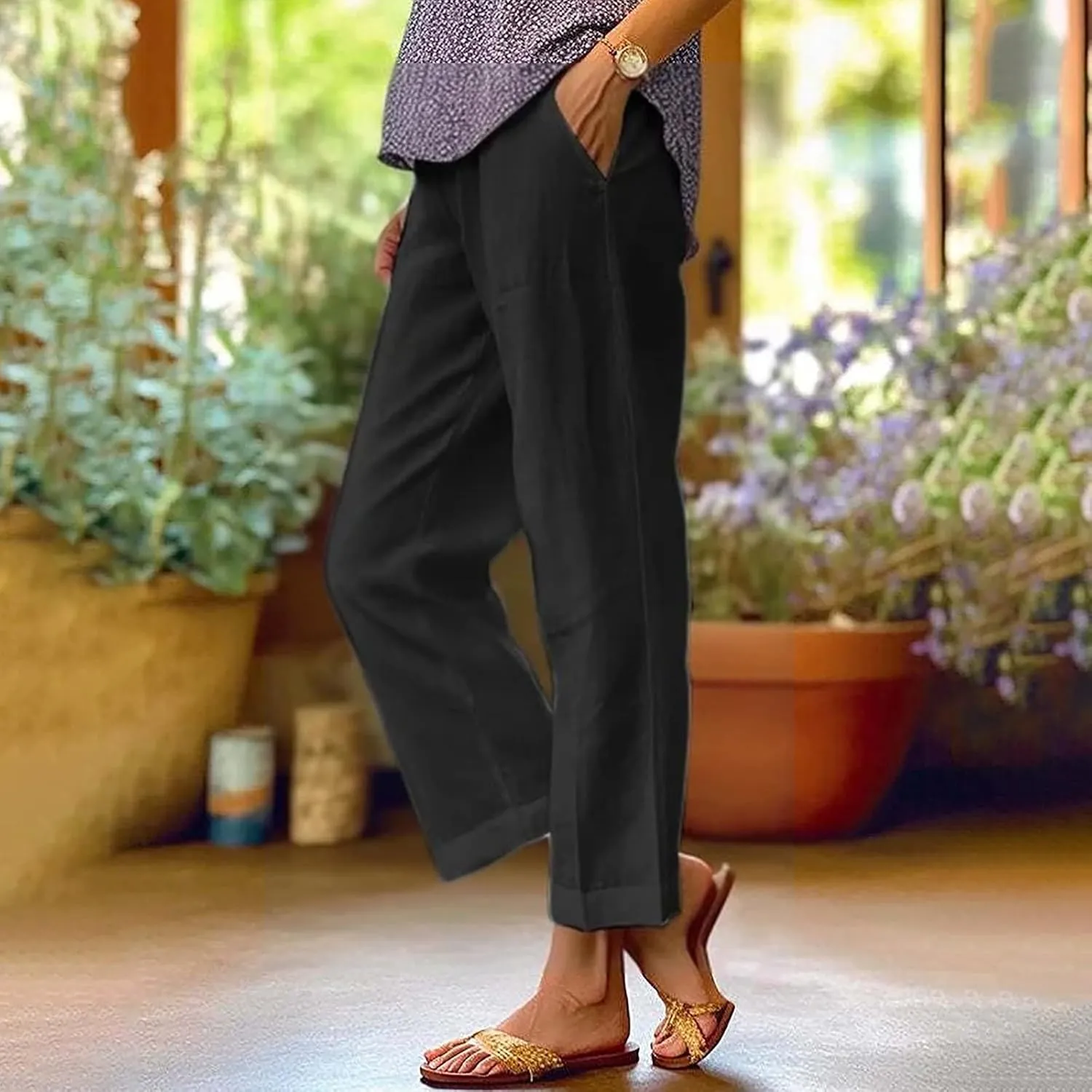 Womens Casual Boho Linen Pants Pants Long Drawstring Linen Women Waist Cotton Casual High Waisted Linen Pants Women
