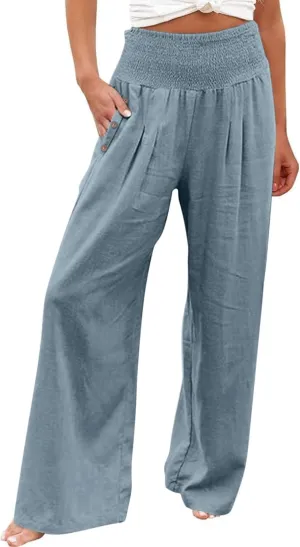 Womens Casual Cotton Linen Palazzo Pants Button Drawstring Waist Wide Leg Trousers Beach Vacation Outfits