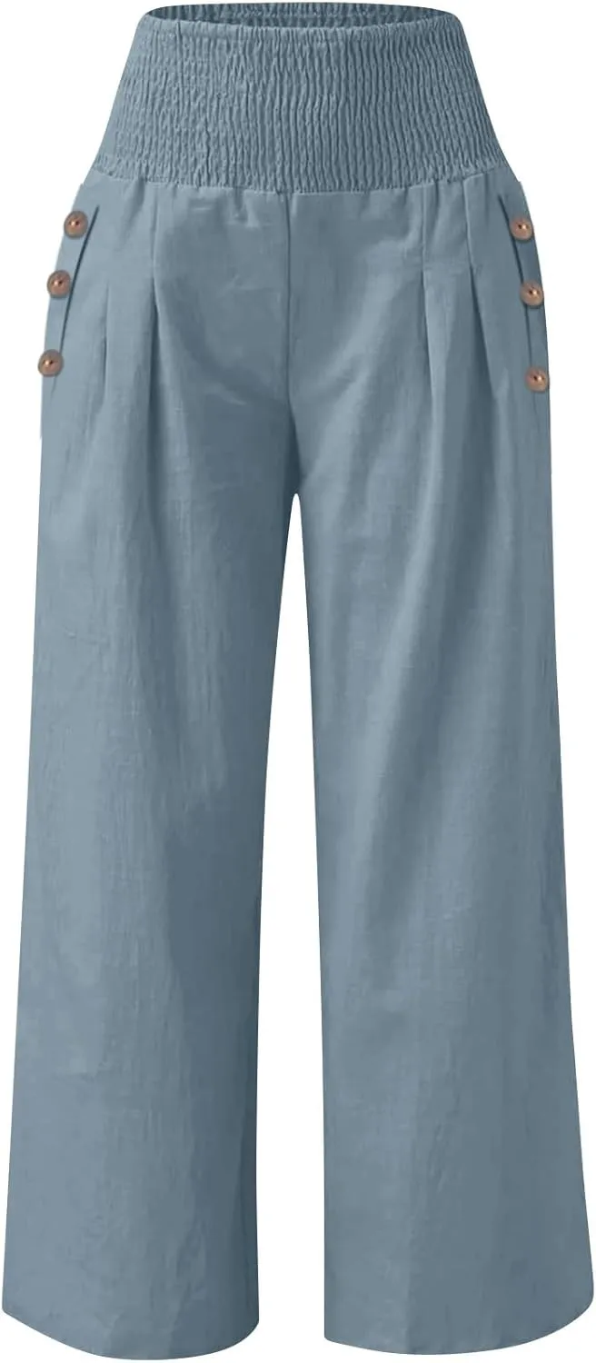 Womens Casual Cotton Linen Palazzo Pants Button Drawstring Waist Wide Leg Trousers Beach Vacation Outfits
