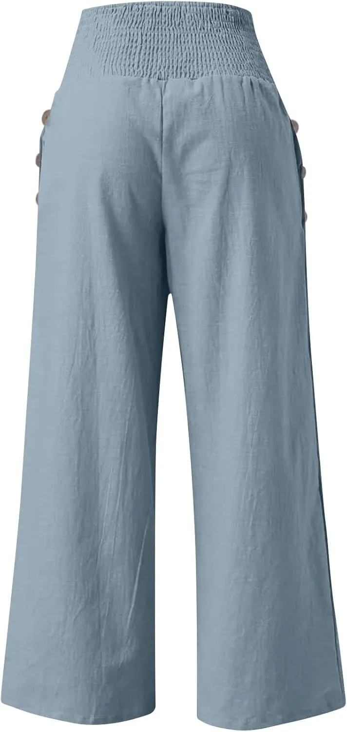 Womens Casual Cotton Linen Palazzo Pants Button Drawstring Waist Wide Leg Trousers Beach Vacation Outfits