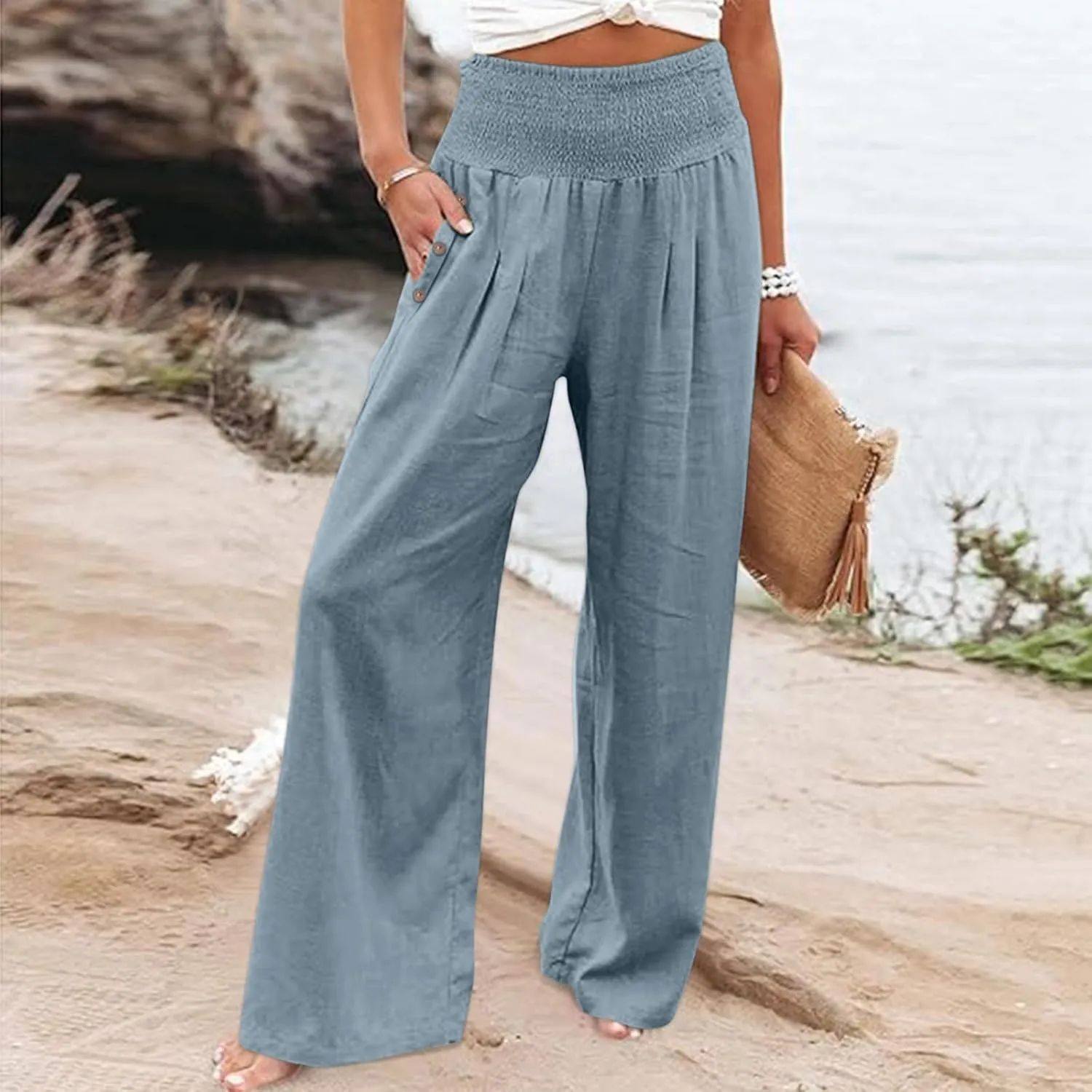 Womens Casual Cotton Linen Palazzo Pants Button Drawstring Waist Wide Leg Trousers Beach Vacation Outfits