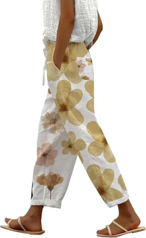 Women's Casual Cotton Linen Pants Capri Elastic Waisted Drawstring Long Trousers with Pocket Summer Spring Beach