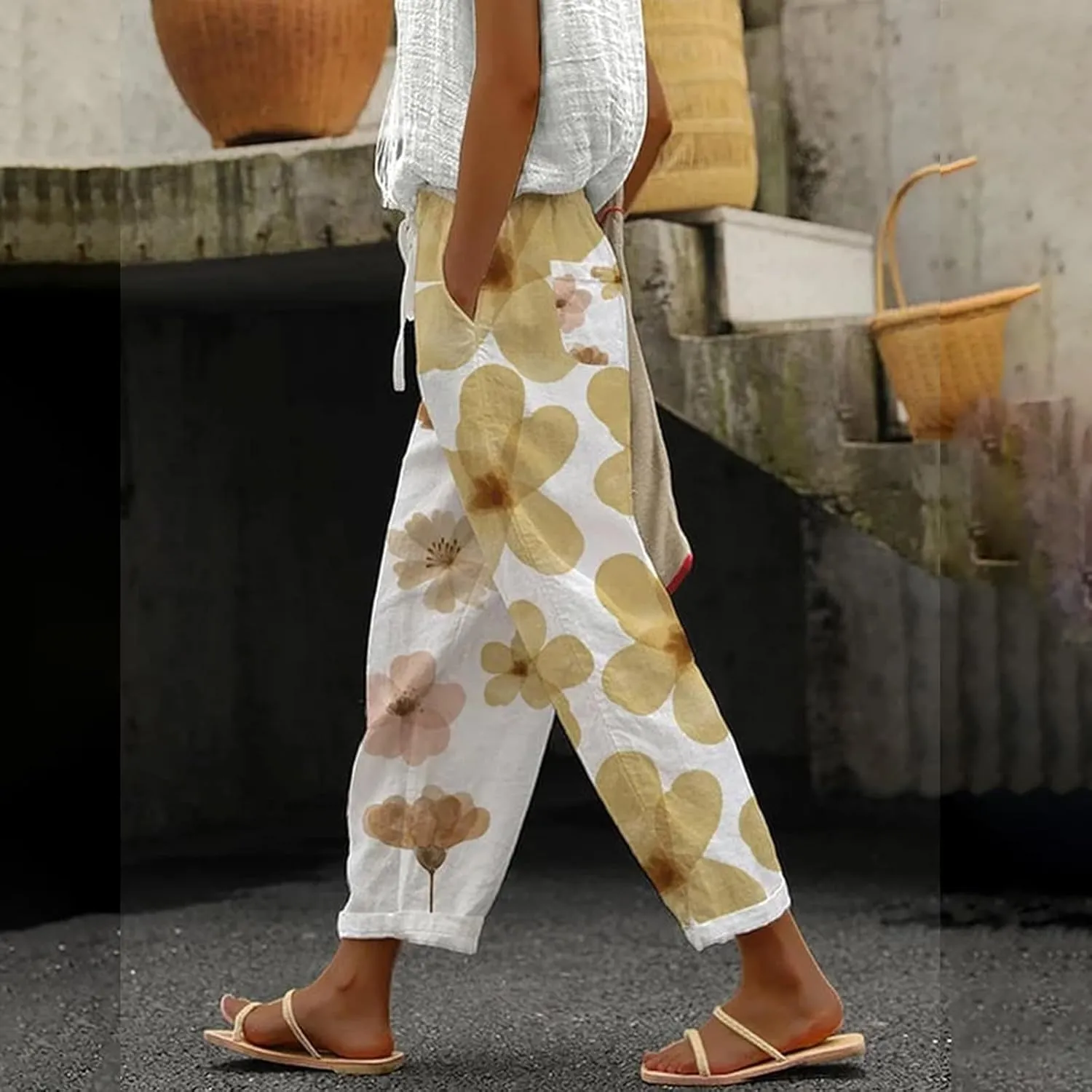 Women's Casual Cotton Linen Pants Capri Elastic Waisted Drawstring Long Trousers with Pocket Summer Spring Beach