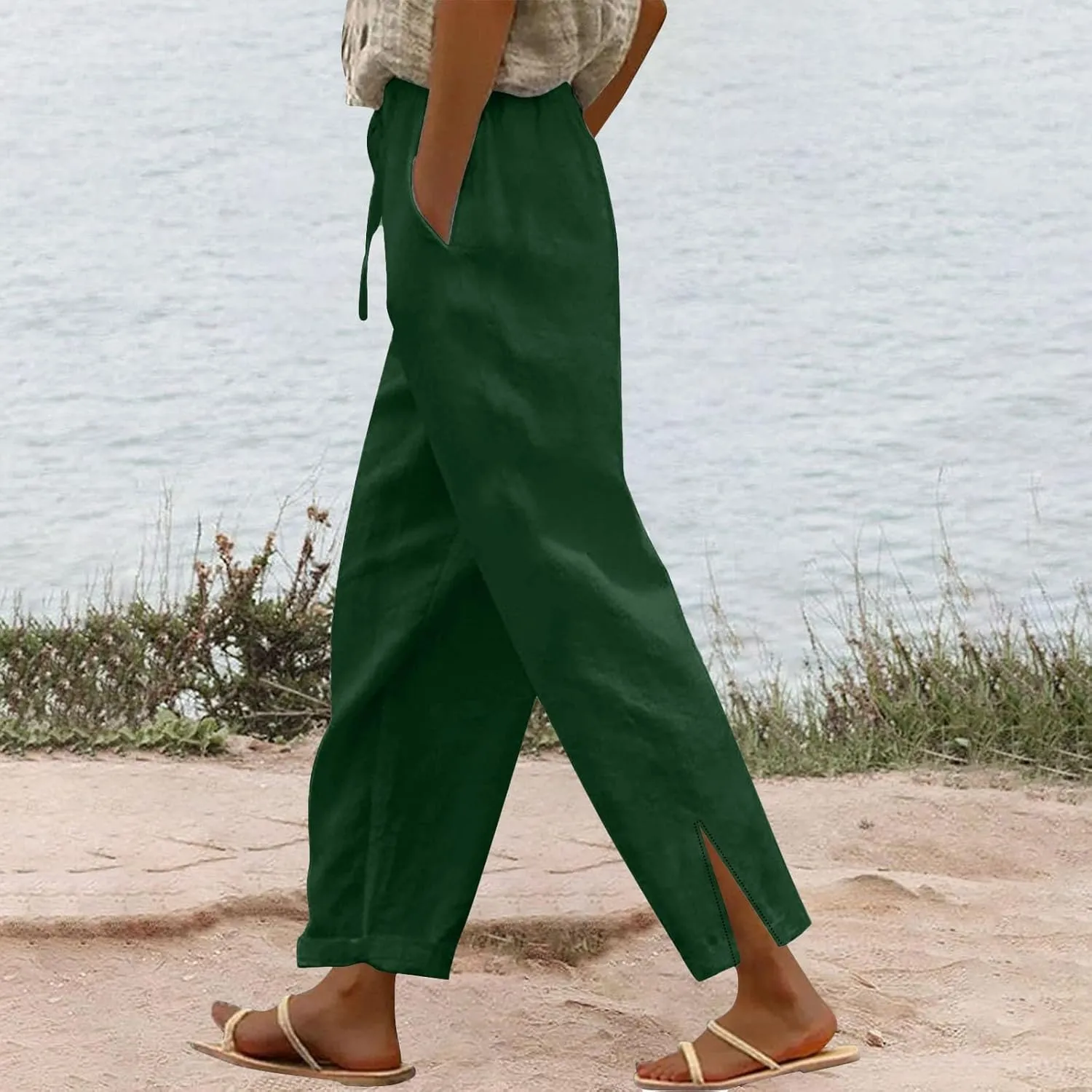 Womens Casual Cotton Linen Pants High Waist Drawstring Loose Fit Summer Spring Straight Leg Trousers with Pockets