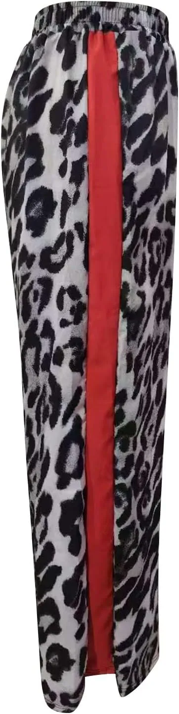 Women's Casual Leopard Pants Drawstring Print Color Block Side Striped Straight Leg Wide Leg Loose Pants